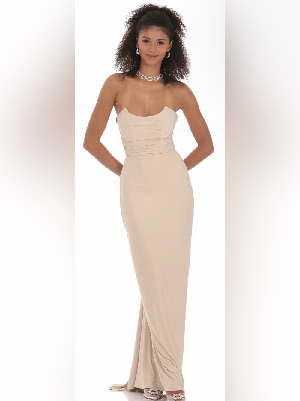 Lucy in the Sky Strapless Ruched Gown in Nude